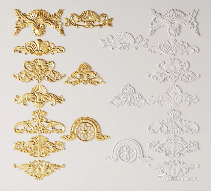 Decorative Carvings Collection With Golden And White Floral Scroll Patterns For Furniture And Wall Decor 3d model 