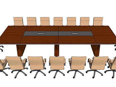 Wooden Conference Table With Surrounding Office Chairs And Central Panel Design 3d model