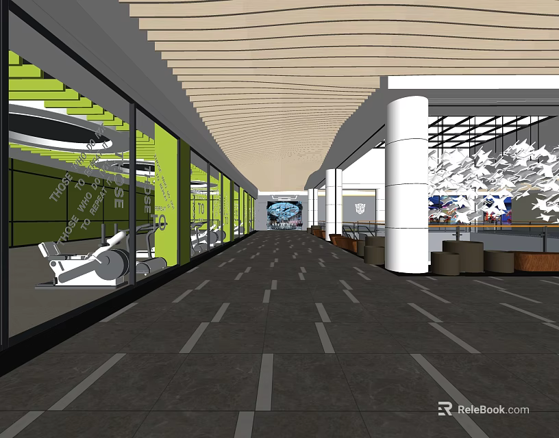 Modern Shopping Mall Lobby Interior With Wooden Ceiling Glass Walls And White Columns 3d model 