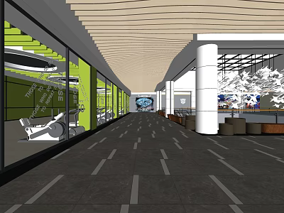 Modern Shopping Mall Lobby Interior With Wooden Ceiling Glass Walls And White Columns 3d model