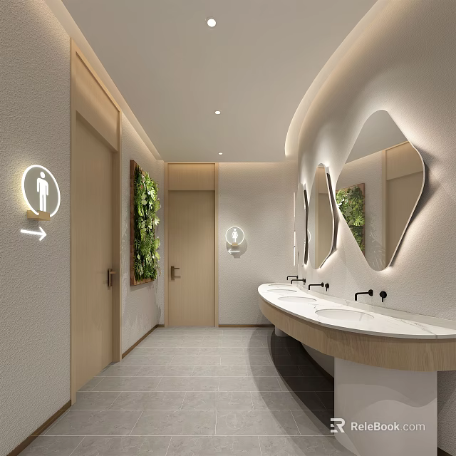 Modern Public Restroom Interior With Washbasins Mirrors Green Wall And Soft Lighting 3d model 