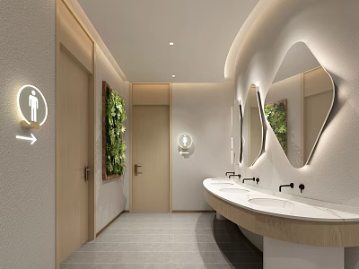 Modern Public Restroom Interior With Washbasins Mirrors Green Wall And Soft Lighting 3d model