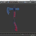 Decorative Medieval Axe With Ornate Metal Head And Red Wrapped Wooden Handle