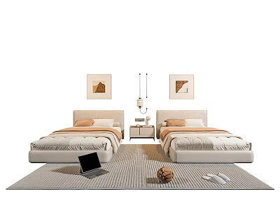 Modern Single Beds Bedroom Interior With Wall Art Nightstand And Soft Area Rug 3d model