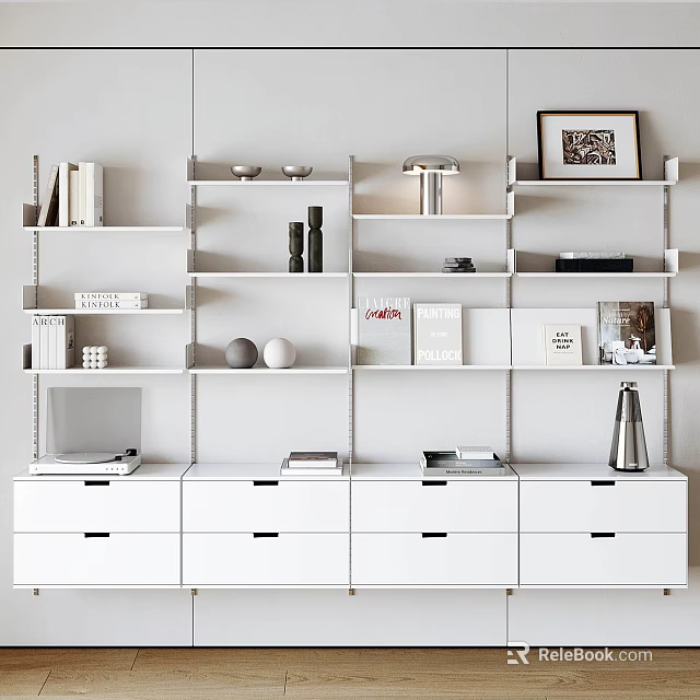Modern White Bookcase Featuring Shelves Drawer Cabinets Books Decorations and Black Handles 3d model 