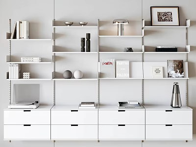 Modern White Bookcase Featuring Shelves Drawer Cabinets Books Decorations and Black Handles 3d model