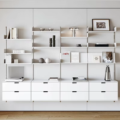 Modern White Bookcase Featuring Shelves Drawer Cabinets Books Decorations and Black Handles 3d model
