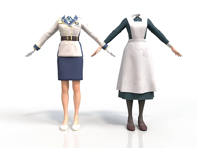 Women's Uniform And Apron Clothing Set With White Blouse Blue Skirt And Dark Green Top 3d model