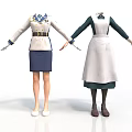 Women's Uniform And Apron Clothing Set With White Blouse Blue Skirt And Dark Green Top