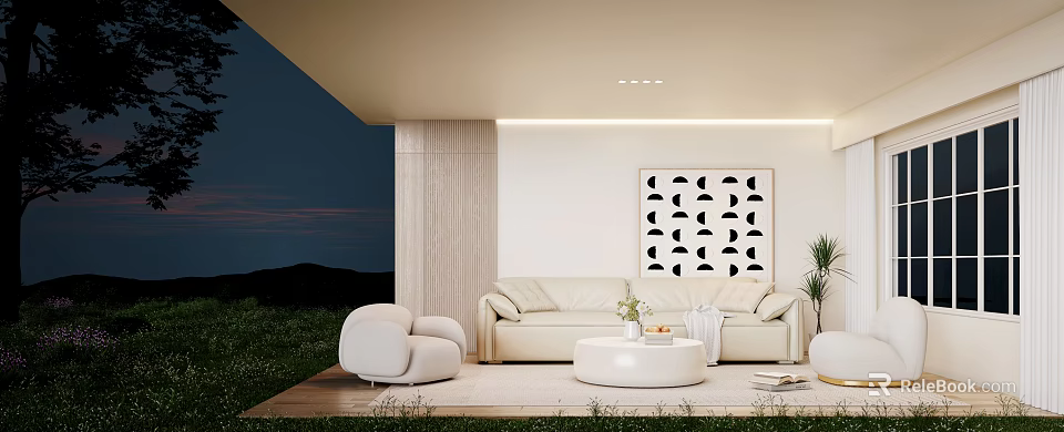 Modern Living Room Interior With Beige Sofa White Round Coffee Table Black Geometric Wall Art 3d model 