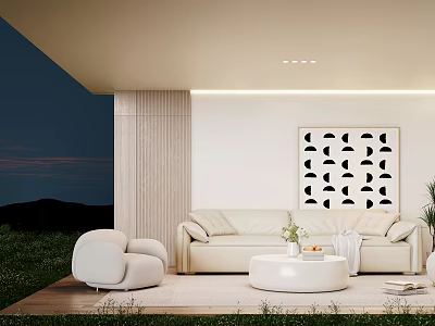 Modern Living Room Interior With Beige Sofa White Round Coffee Table Black Geometric Wall Art 3d model