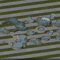 Decorative Garden Ornaments Featuring Various Shaped Ponds With Green Lawn And Gray Striped Ground