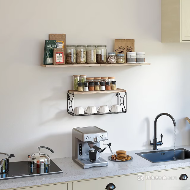 Cozy Kitchen Interior With Wall Mounted Shelves Glass Jars Food Packages Coffee Machine And Sink 3d model 