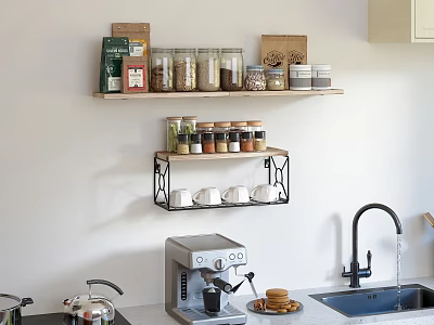 Cozy Kitchen Interior With Wall Mounted Shelves Glass Jars Food Packages Coffee Machine And Sink 3d model