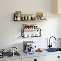 Cozy Kitchen Interior With Wall Mounted Shelves Glass Jars Food Packages Coffee Machine And Sink