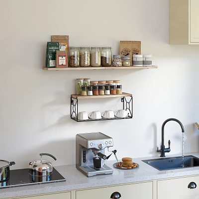 Cozy Kitchen Interior With Wall Mounted Shelves Glass Jars Food Packages Coffee Machine And Sink 3d model