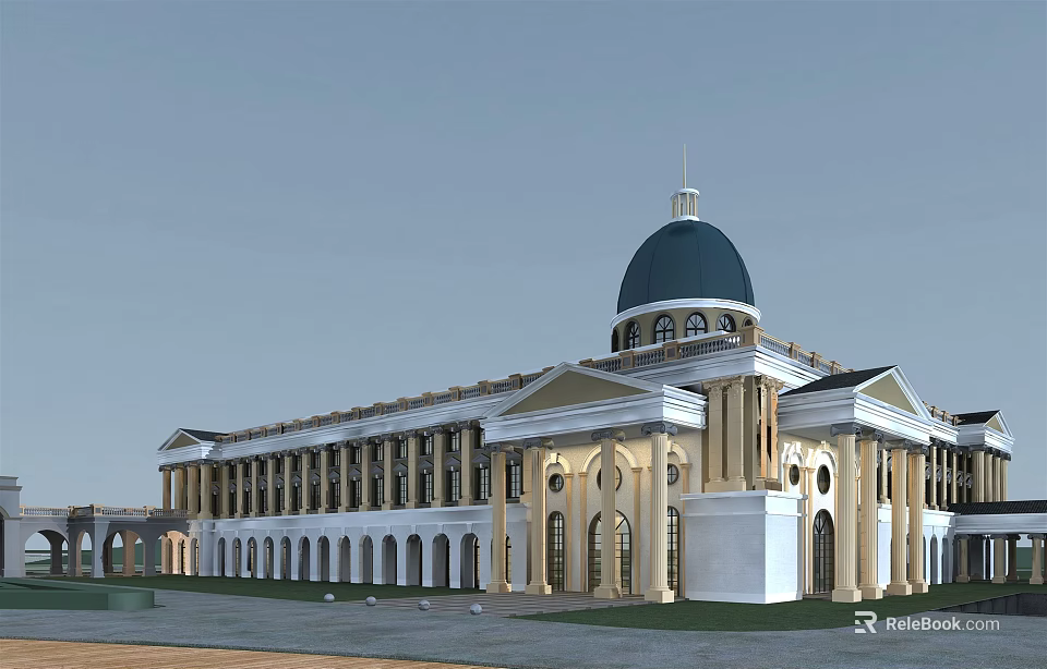 Elegant Classical Commercial Street Building With Dome Colonnade And Beige Facade 3d model 