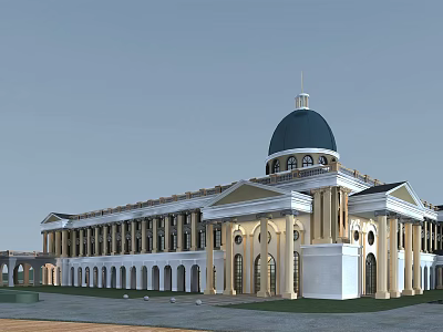Elegant Classical Commercial Street Building With Dome Colonnade And Beige Facade 3d model