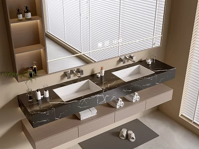 Modern Bathroom Vanity With Double Sinks Marble Countertop Large Mirror And Storage Cabinets 3d model