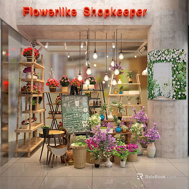 Cozy Flower Shop With Flower Shelves Green Plants Chalkboard Menu Hanging Lights And Decorative Painting 3d model 