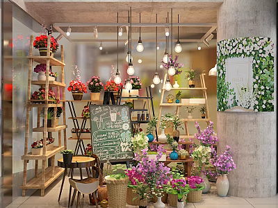 Cozy Flower Shop With Flower Shelves Green Plants Chalkboard Menu Hanging Lights And Decorative Painting 3d model