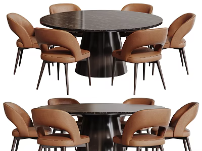 Modern Round Dining Table Set With Dark Tabletop And Six Brown Leather Chairs 3d model