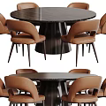 Modern Round Dining Table Set With Dark Tabletop And Six Brown Leather Chairs