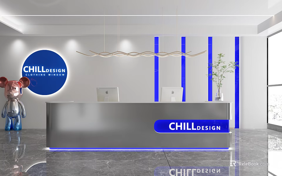 Modern Hotel Lobby With Reception Desk Blue Decorative Lines Pendant Lights And Green Plant 3d model 