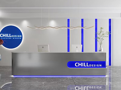 Modern Hotel Lobby With Reception Desk Blue Decorative Lines Pendant Lights And Green Plant 3d model