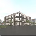 Modern Industrial Factory Building Multi Storey with Large Glass Windows Surrounded by Trees and Road
