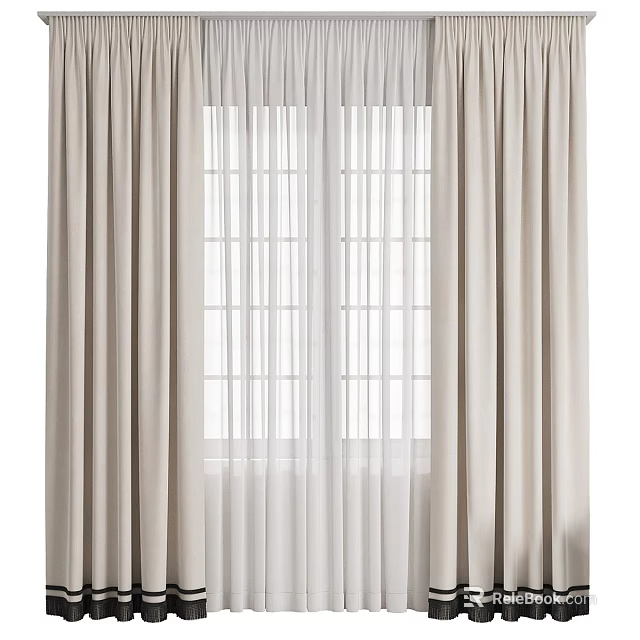 Beige Window Curtains With Sheer Layers For Light Filtering Home Interior 3d model 