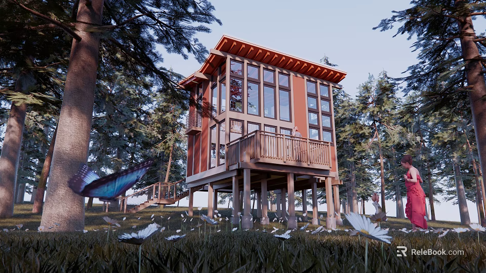 Detached Villa with Red Exterior Stilt Design in Forest Setting Surrounded by Trees 3d model 