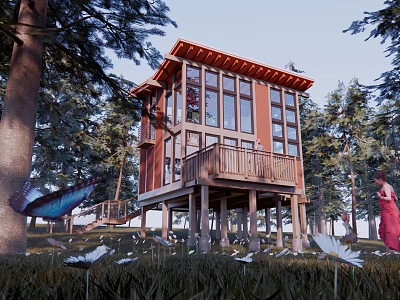 Detached Villa with Red Exterior Stilt Design in Forest Setting Surrounded by Trees 3d model