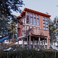 Detached Villa with Red Exterior Stilt Design in Forest Setting Surrounded by Trees