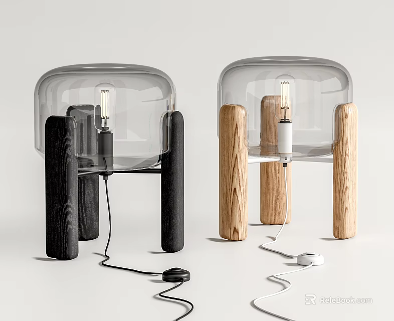 Two Modern Table Lamps With Clear Glass Shade And Black Wooden Stand 3d model 