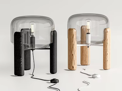 Two Modern Table Lamps With Clear Glass Shade And Black Wooden Stand 3d model
