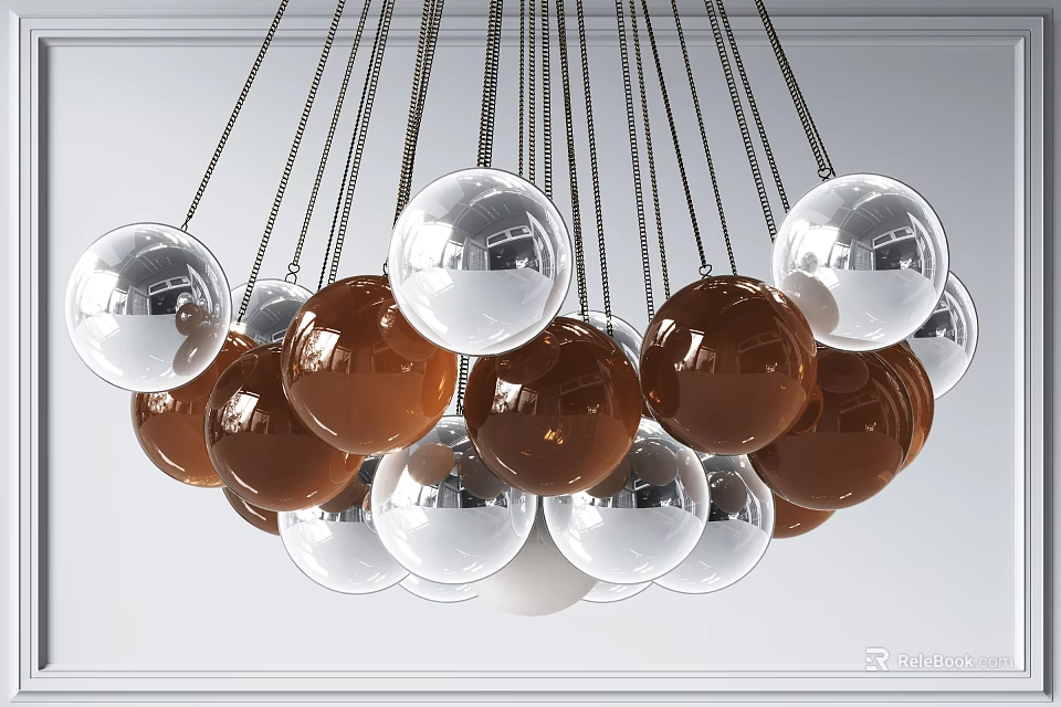 Modern Chandelier With Transparent And Brown Glass Balls Suspended By Metal Chains 3d model 