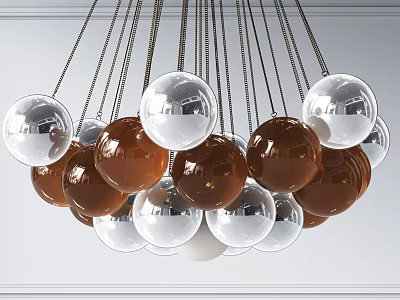 Modern Chandelier With Transparent And Brown Glass Balls Suspended By Metal Chains 3d model