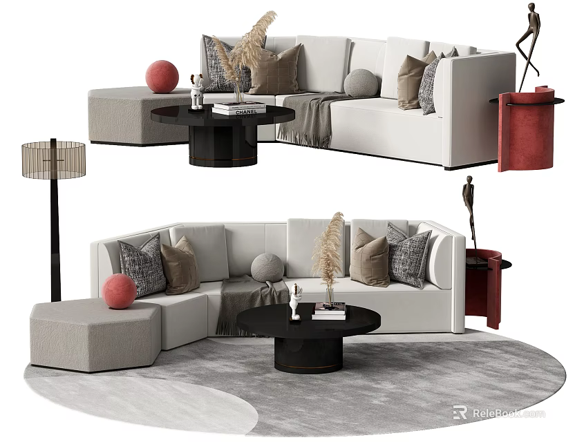 Beige Sectional Sofa with Throw Pillows Coffee Table Floor Lamp and Decorative Rug 3d model