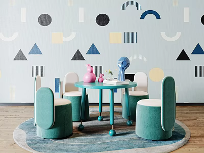 Round Blue Kids Table With Green Chairs Geometric Wall Patterns And Playful Toys 3d model