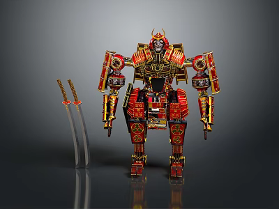 Detailed Game and Movie Character Samurai Robot with Red Gold Armor and Twin Katanas 3d model