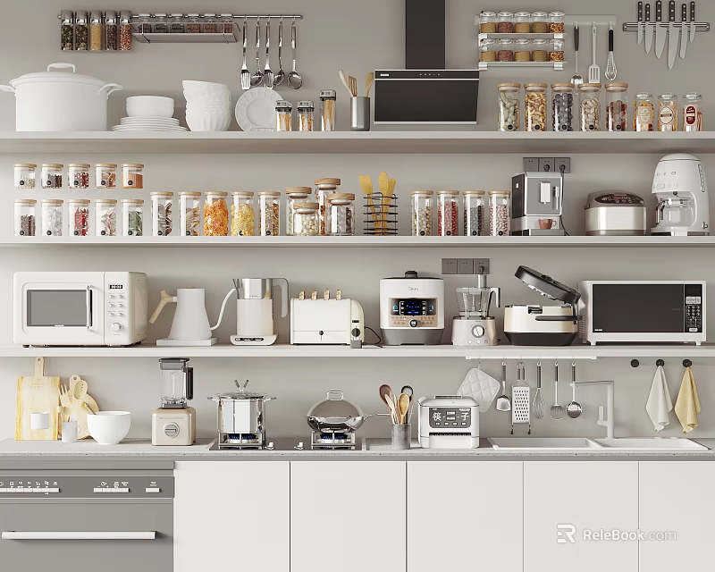 Modern Kitchen With Various Appliances Microwave Coffee Maker Toaster And Storage Jars On Shelves 3d model 