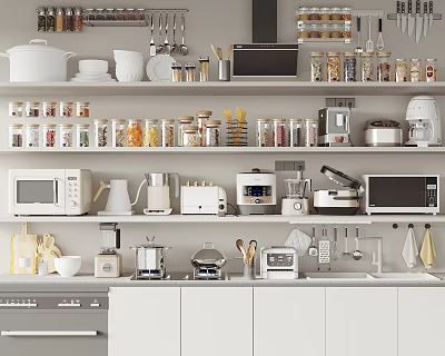 Modern Kitchen With Various Appliances Microwave Coffee Maker Toaster And Storage Jars On Shelves 3d model