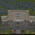 Modern Office Building With Glass Curtain Walls Plaza Front Flags Pedestrians And Street Lamps