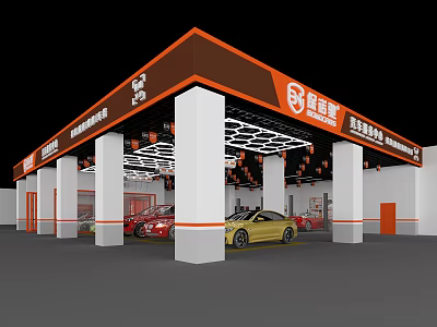 4S Car Store Showroom Interior With Red Yellow Vehicles White Columns And Orange Ceiling 3d model