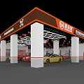 4S Car Store Showroom Interior With Red Yellow Vehicles White Columns And Orange Ceiling