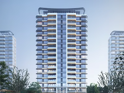 Modern High rise Residential Building with Glass Curtain Wall Balconies and Trees 3d model
