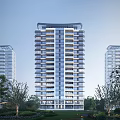 Modern High rise Residential Building with Glass Curtain Wall Balconies and Trees