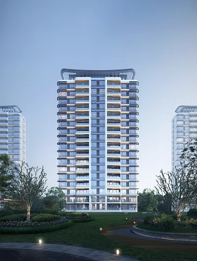 Modern High rise Residential Building with Glass Curtain Wall Balconies and Trees 3d model