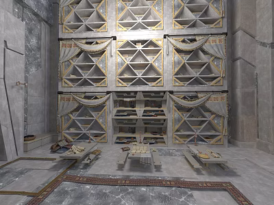Large Geometric Patterned Shelves In Stone Wall Room With Gold Accents Benches And Rug 3d model